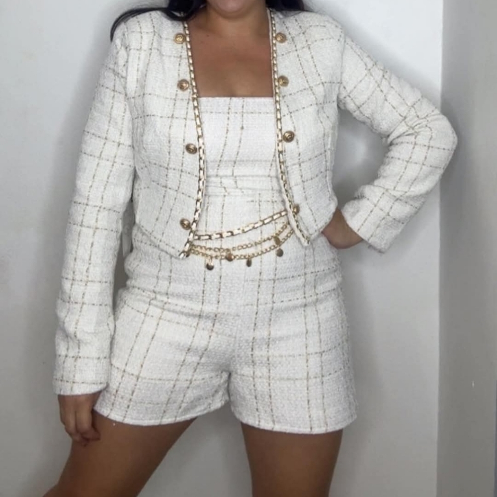 Chic White and Gold Tweed Set